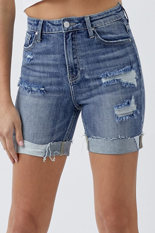RISEN Full Size Distressed Rolled Denim Shorts with Pockets - Three Bears Boutique