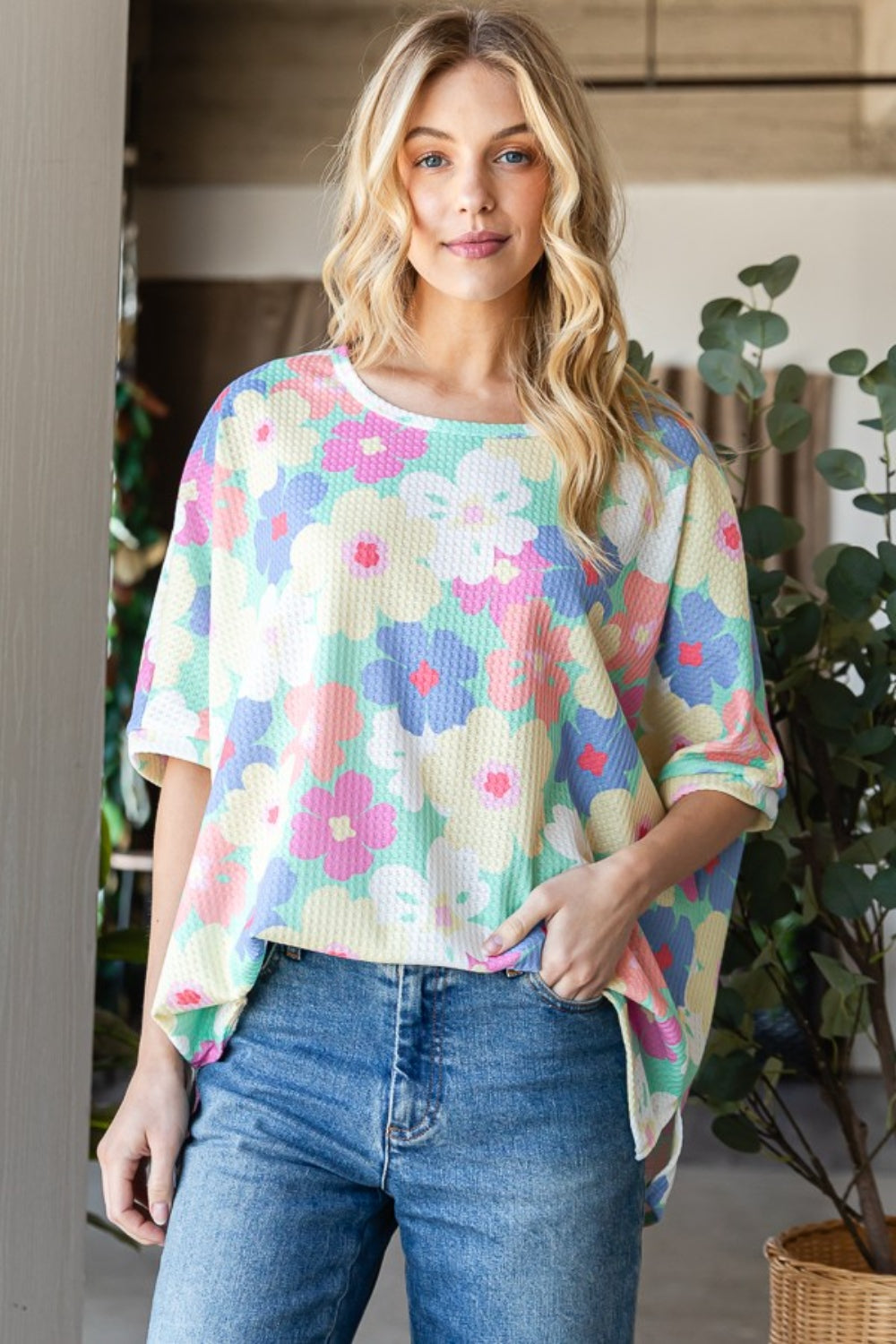 HOPELY Floral Waffle Oversized T-Shirt - Three Bears Boutique