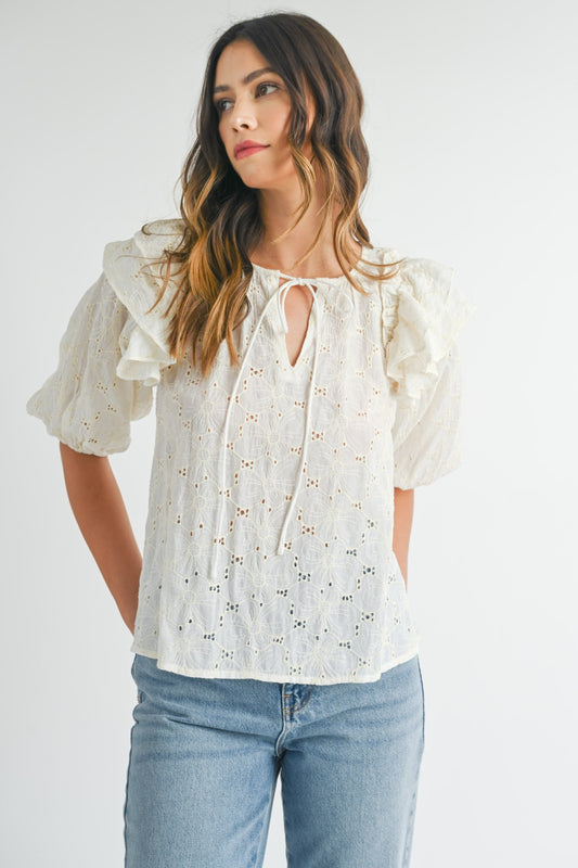 MABLE Eyelet Lace Ruffle Shoulder Puff Sleeve Blouse - Three Bears Boutique