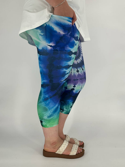 Purple Teal Tie Dye Capri w/ Pockets
