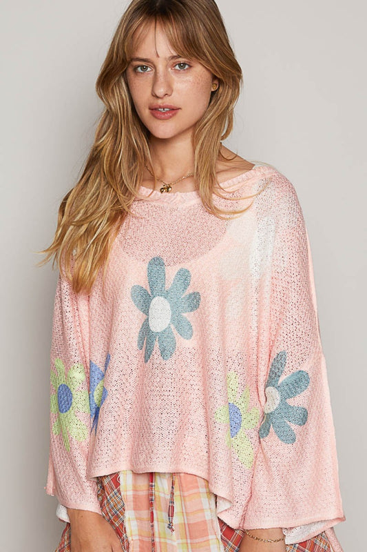 POL Flower Dropped Shoulder Long Sleeve Knit Top - Three Bears Boutique