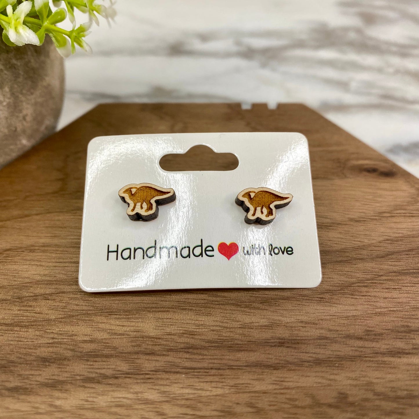 Wooden Stud Earrings - Dino #1