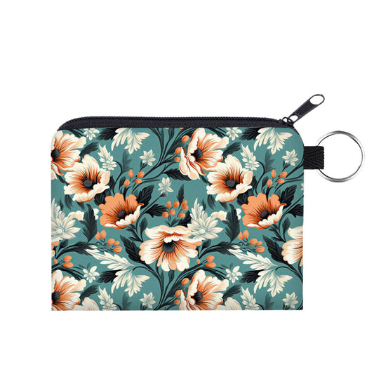 Mini Pouch - Orange Cream Floral On Teal - Three Bears Boutique