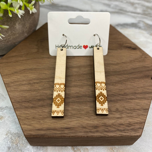 Wooden Dangle Earrings - Rectangle Aztec