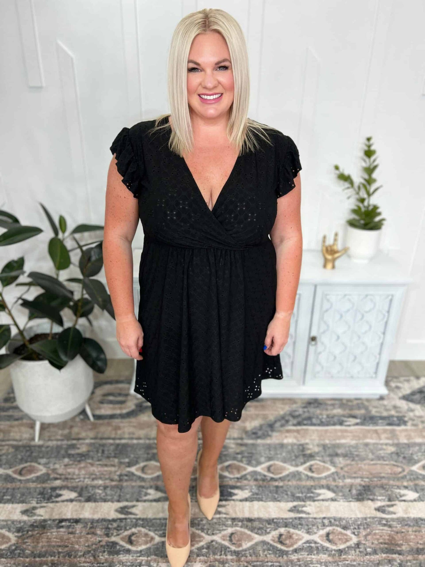 Rebecca Ruffle Sleeve Eyelet Dress-#2-Black - Three Bears Boutique
