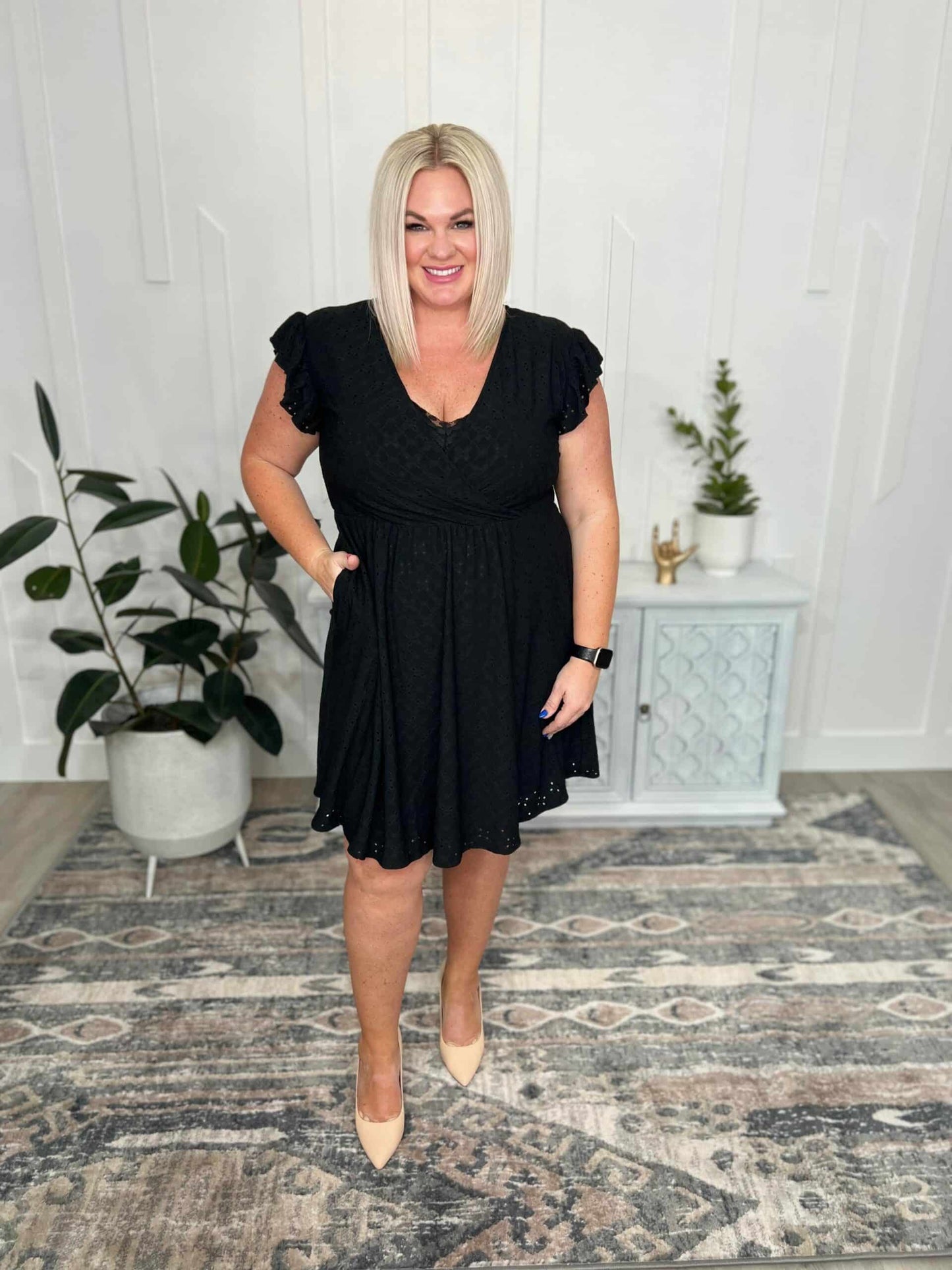 Rebecca Ruffle Sleeve Eyelet Dress-#2-Black - Three Bears Boutique