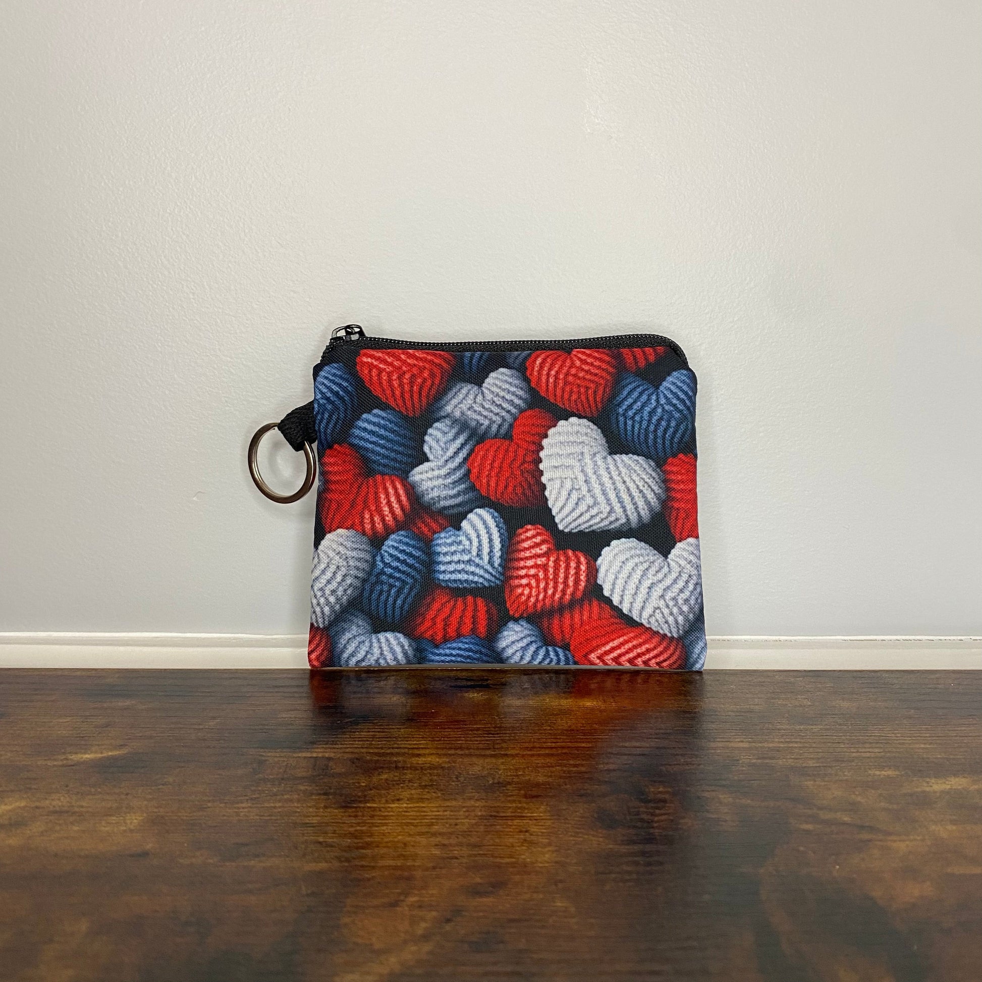 Mini Pouch - Blue + Red Knit Heart - Three Bears Boutique