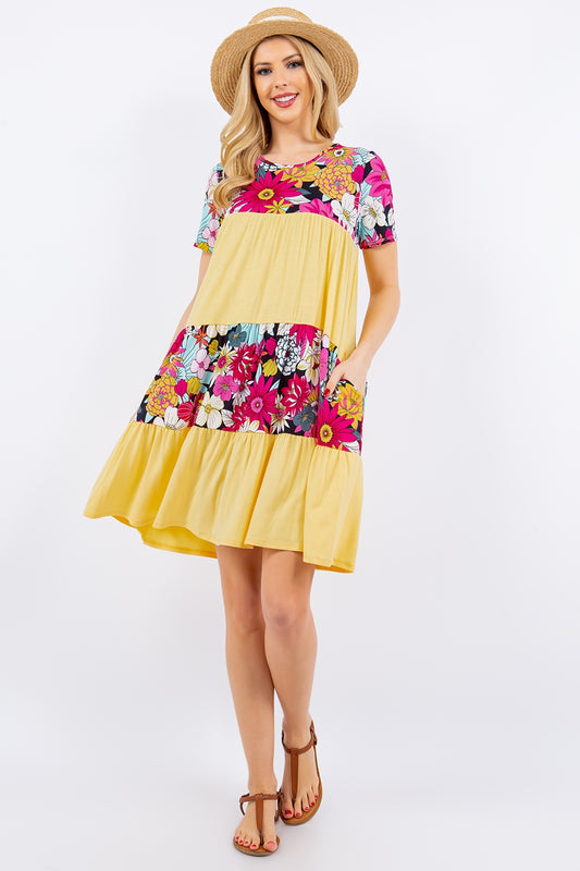 Celeste Full Size Color Block Floral Round Neck Short Sleeve Dress - Three Bears Boutique
