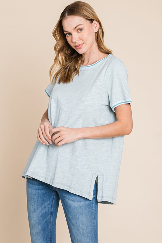 Cotton Bleu by Nu Lab Contrast Trim Short Sleeve Slit T-Shirt - Three Bears Boutique