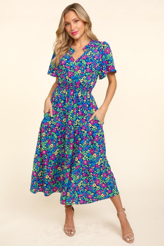 Haptics Printed Notched Short Sleeve Dress with Pockets - Three Bears Boutique