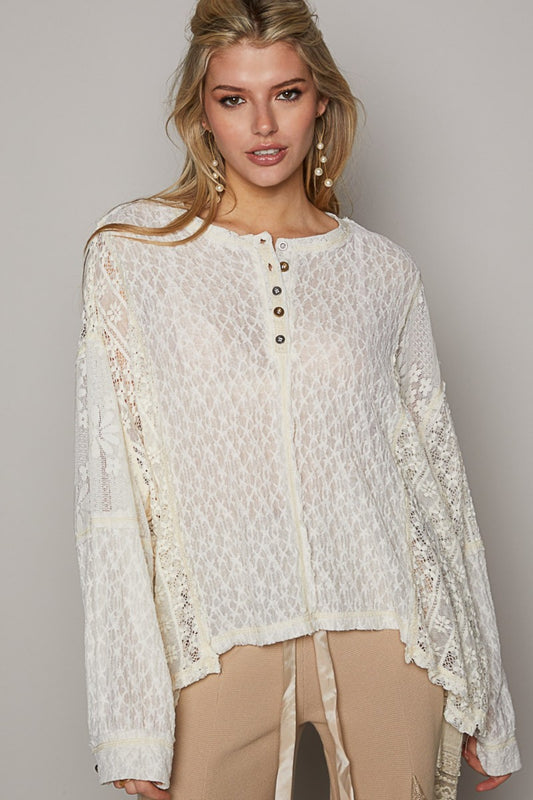 POL Round Neck Long Sleeve Raw Edge Lace Top - Three Bears Boutique