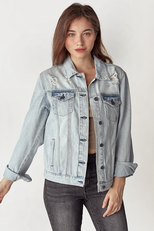 RISEN Distressed Button Up Jacket - Three Bears Boutique
