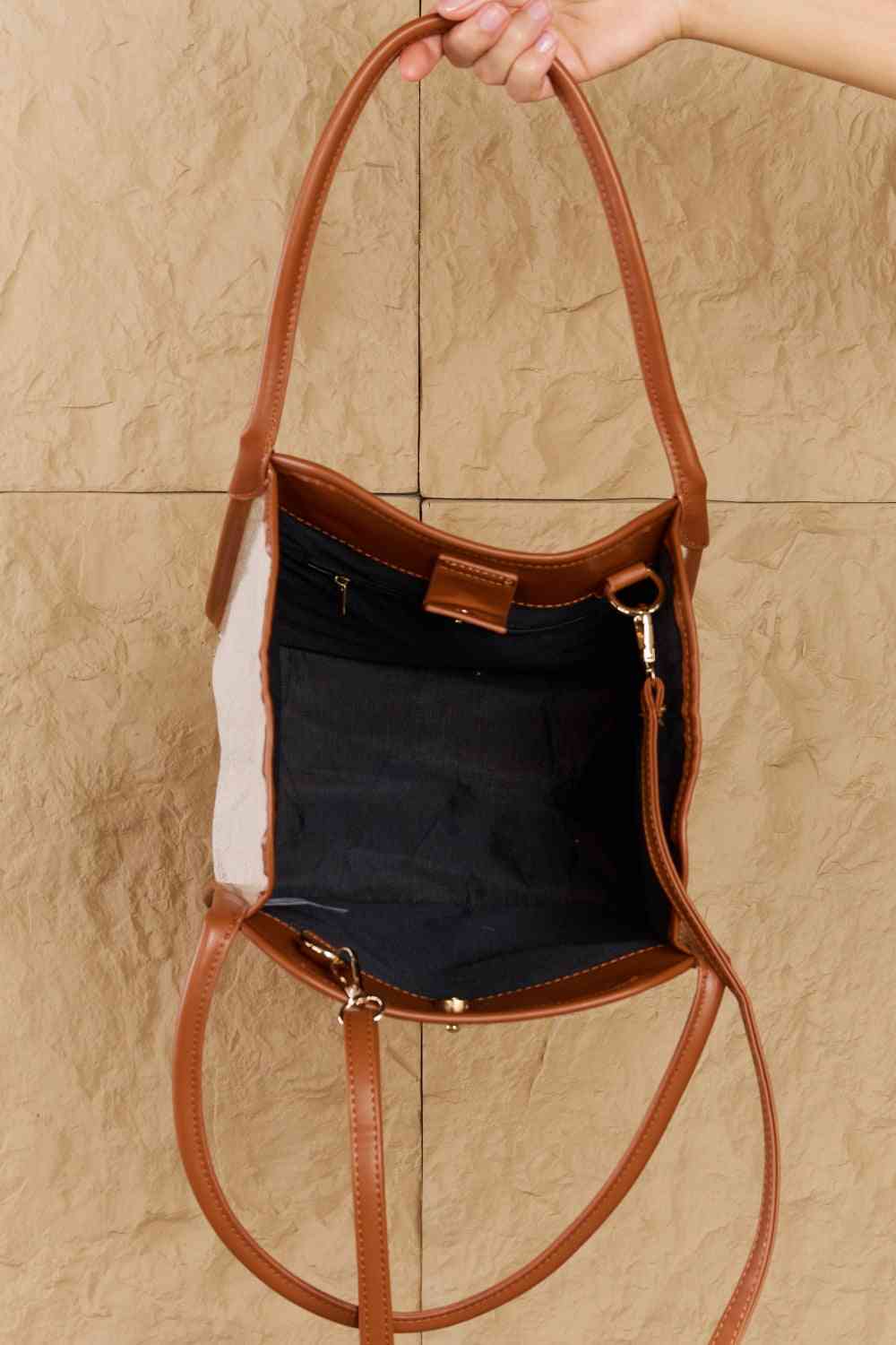 Fame Beach Chic Faux Leather Trim Tote Bag in Ochre - Three Bears Boutique