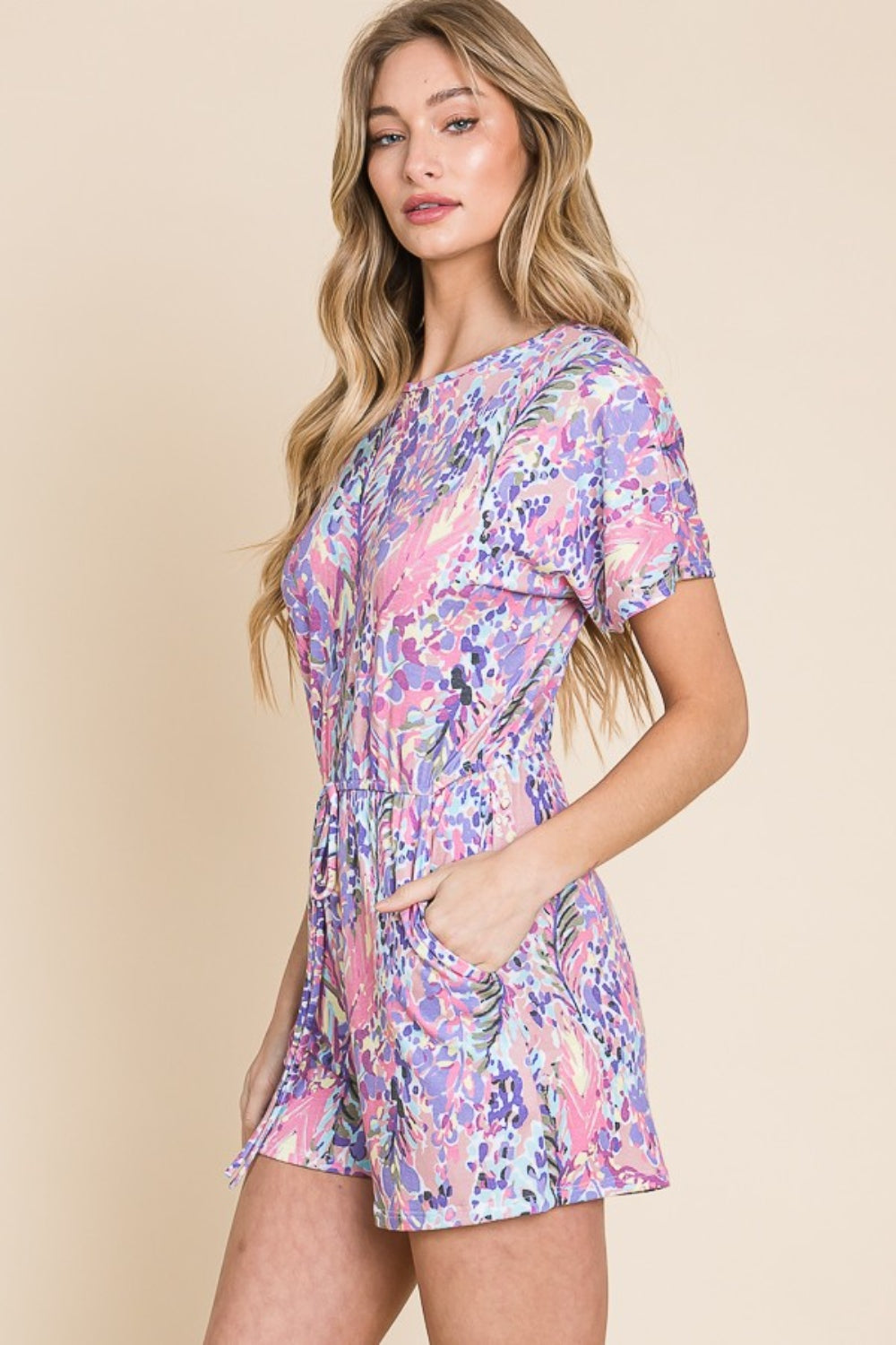 BOMBOM Print Short Sleeve Romper with Pockets - Three Bears Boutique