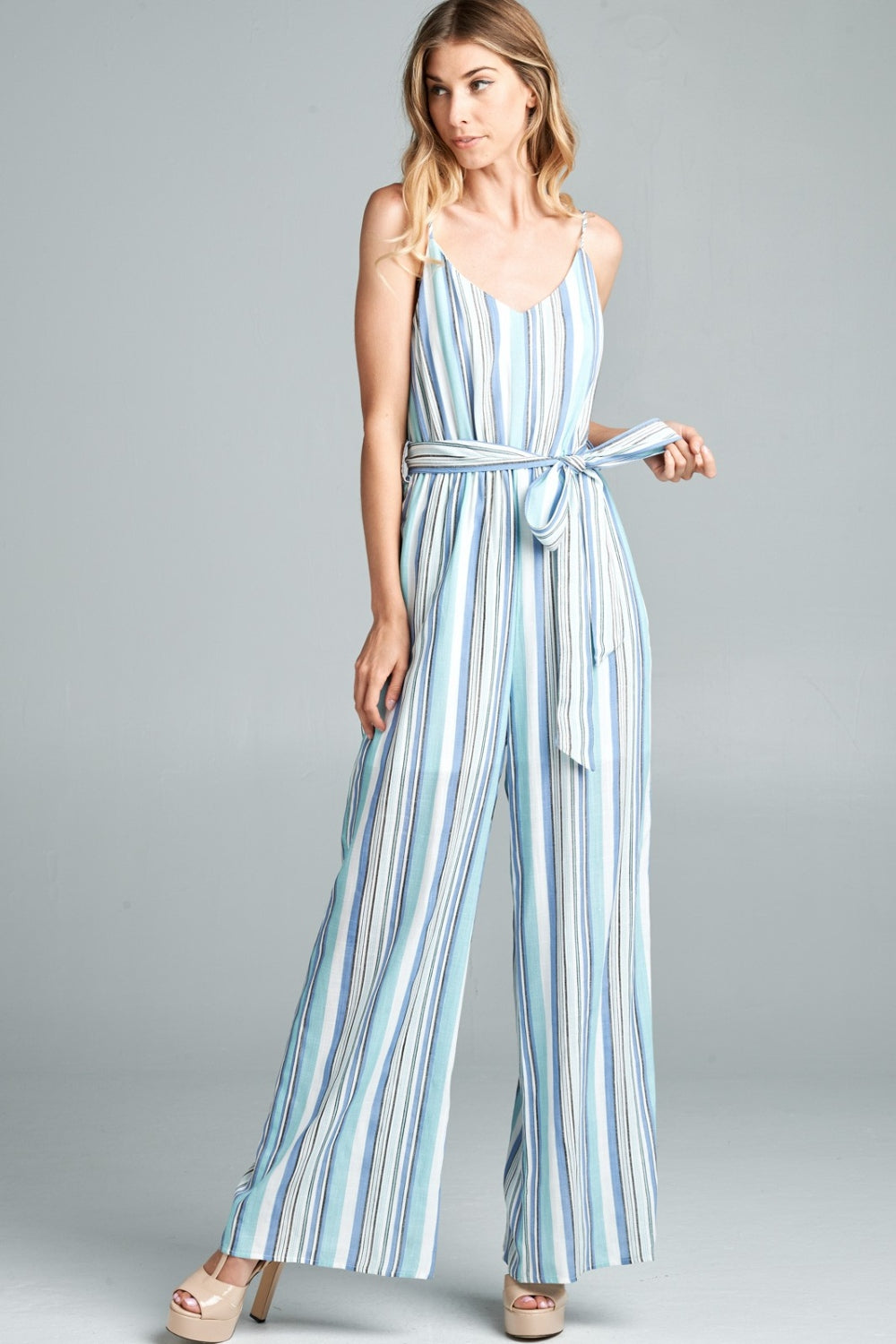 Cotton Bleu by Nu Label Tie Front Striped Sleeveless Jumpsuit - Three Bears Boutique