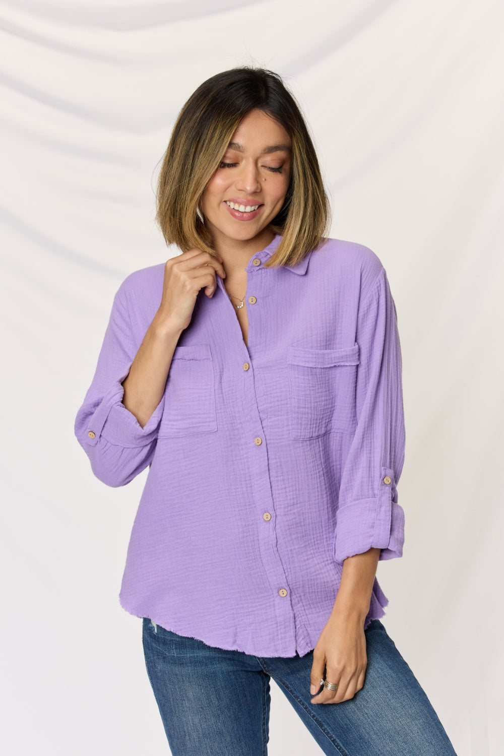 Zenana Texture Button Up Raw Hem Long Sleeve Shirt - Three Bears Boutique