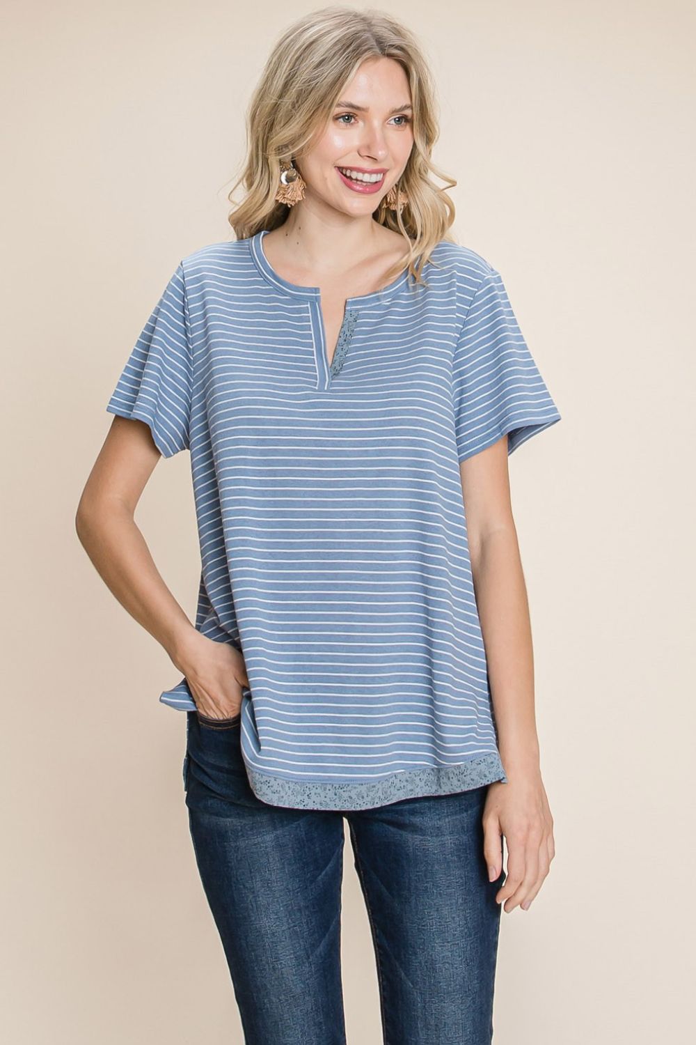 Cotton Bleu by Nu Lab Slit Striped Notched Short Sleeve T-Shirt - Three Bears Boutique
