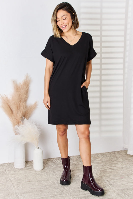 Zenana Full Size Rolled Short Sleeve V-Neck Dress - Three Bears Boutique
