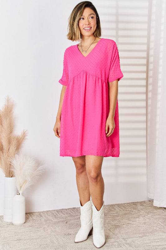 Zenana Swiss Dot Rolled Short Sleeve Babydoll Dress - Three Bears Boutique