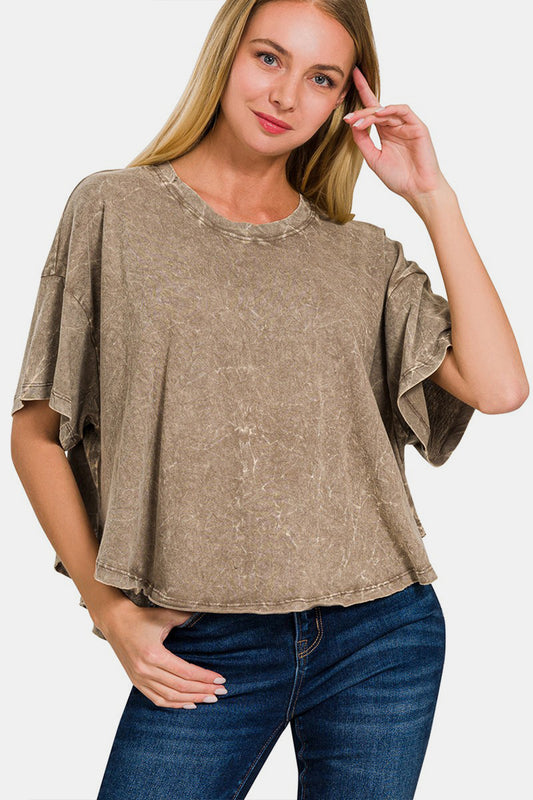 Zenana Washed Round Neck Drop Shoulder Cropped T-Shirt - Three Bears Boutique