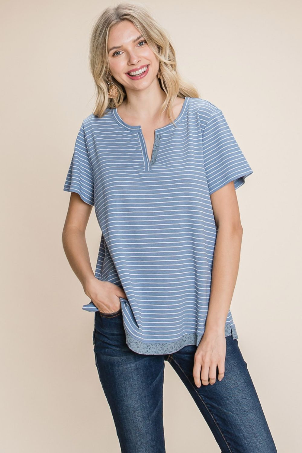 Cotton Bleu by Nu Lab Slit Striped Notched Short Sleeve T-Shirt - Three Bears Boutique