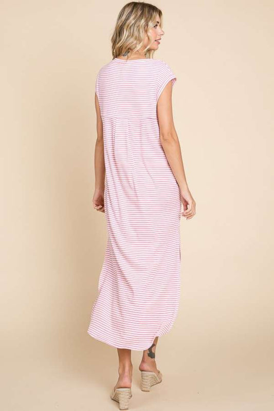 Culture Code Full Size Striped V-Neck Slit Dress with Pockets