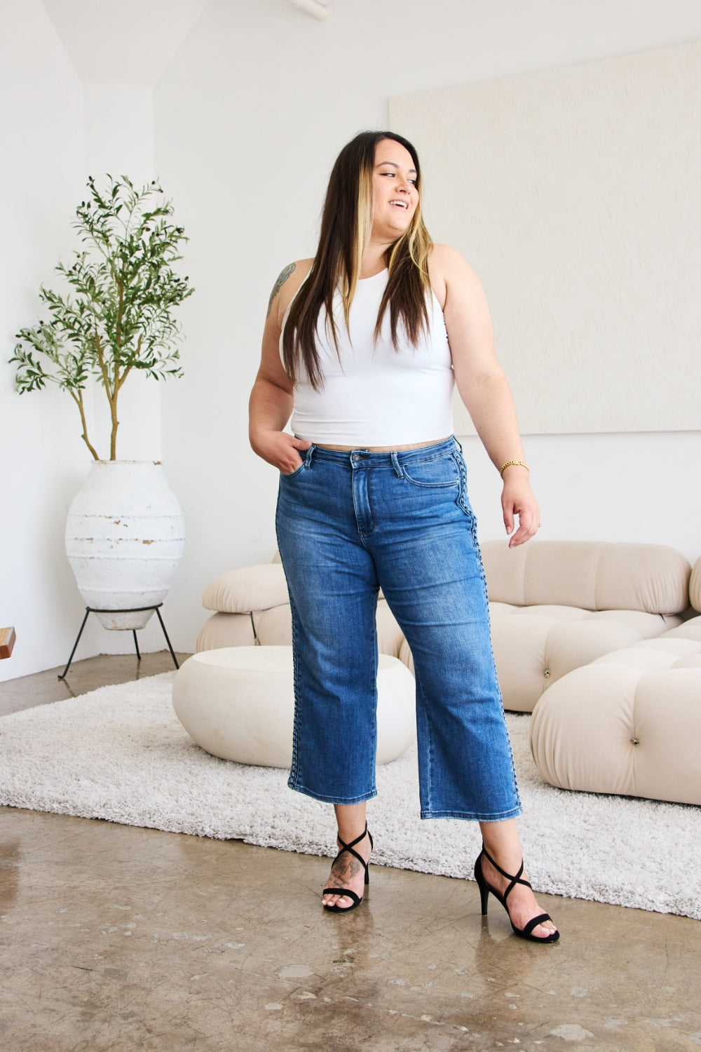 Judy Blue Full Size Braid Side Detail Wide Leg Jeans - Three Bears Boutique