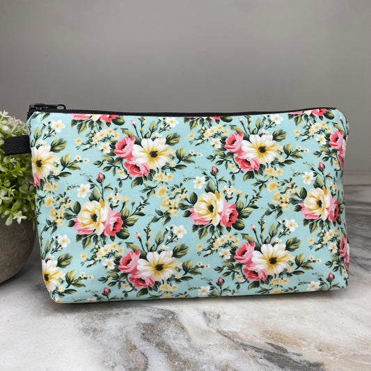 Pouch - Floral Pink Yellow on Mint