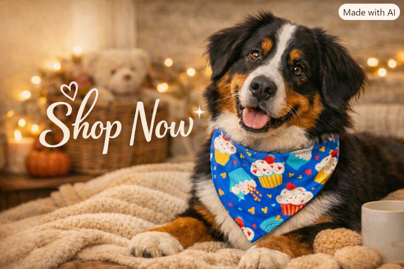 A Bernese mountain dog wearing a blue bandana with a colorful cupcake pattern, lying on a cozy beige blanket in a warmly lit room with string lights and a teddy bear in the background. White text overlays read 'Shop Now'