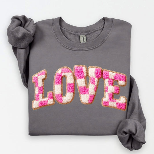 Faux Yarn Checkered Love Sweatshirt.