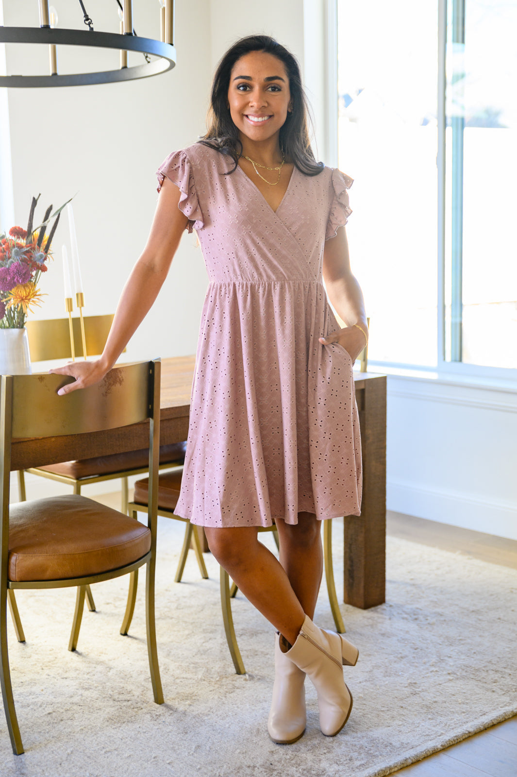 Rebecca Ruffle Sleeve Eyelet Dress -#6-Mauve - Three Bears Boutique