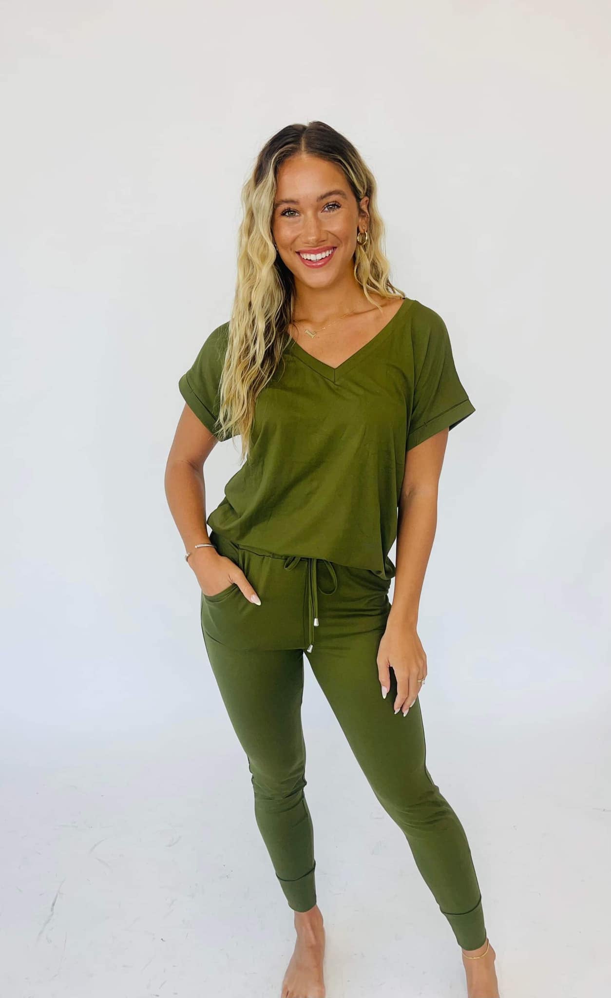 Shirley&Stone :Krisie V-Neck Solid Lounge Set-#4-Olive - Three Bears Boutique