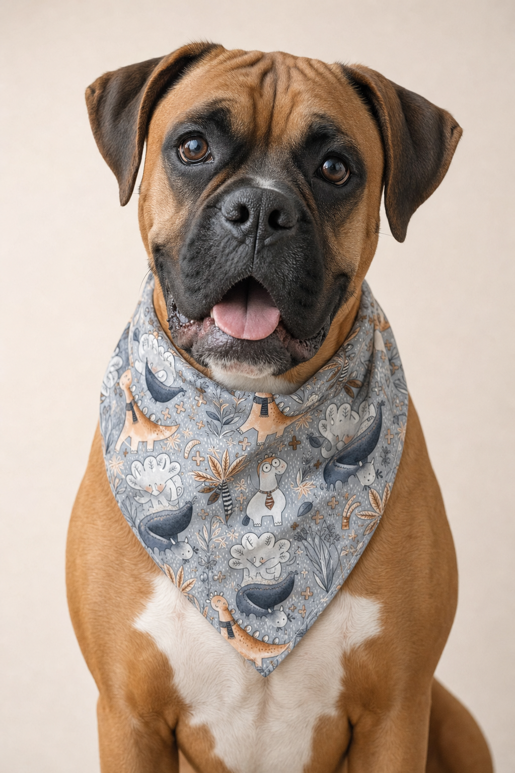 A fawn and white Boxer dog wearing a blue-gray patterned bandana with illustrations of birds, deer, and floral motifs, photographed against a plain beige studio background.