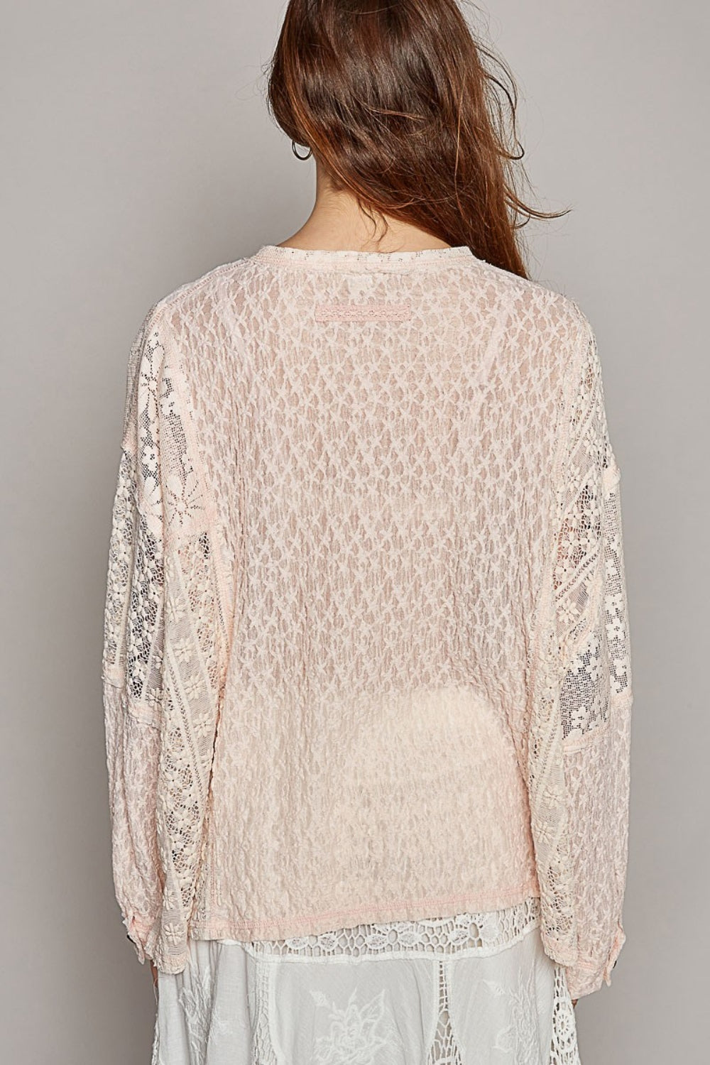 POL Round Neck Long Sleeve Raw Edge Lace Top - Three Bears Boutique