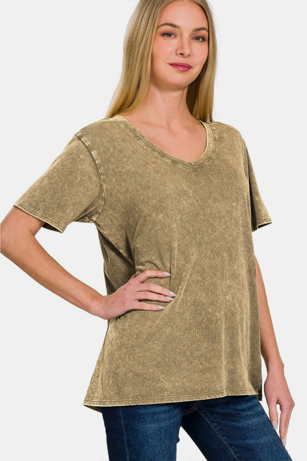 Zenana Washed Short Sleeve V-Neck T-Shirt - Three Bears Boutique