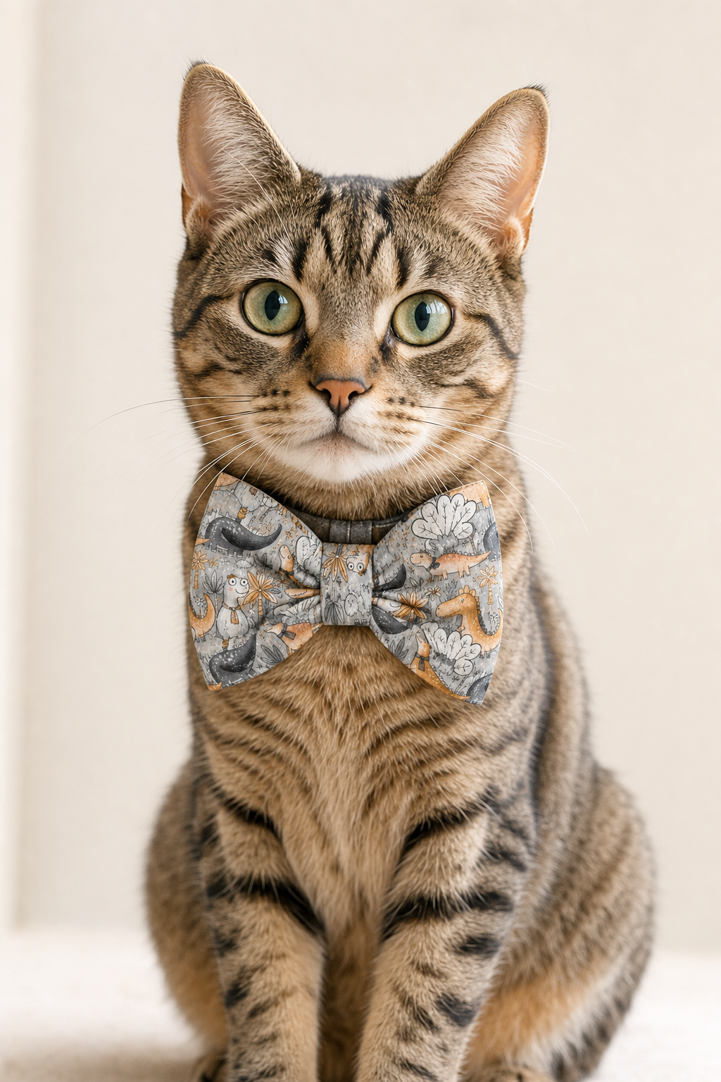 A tabby cat wearing a decorative bow tie with a blue, gray, and orange dinosaur pattern, set against a plain light beige background.