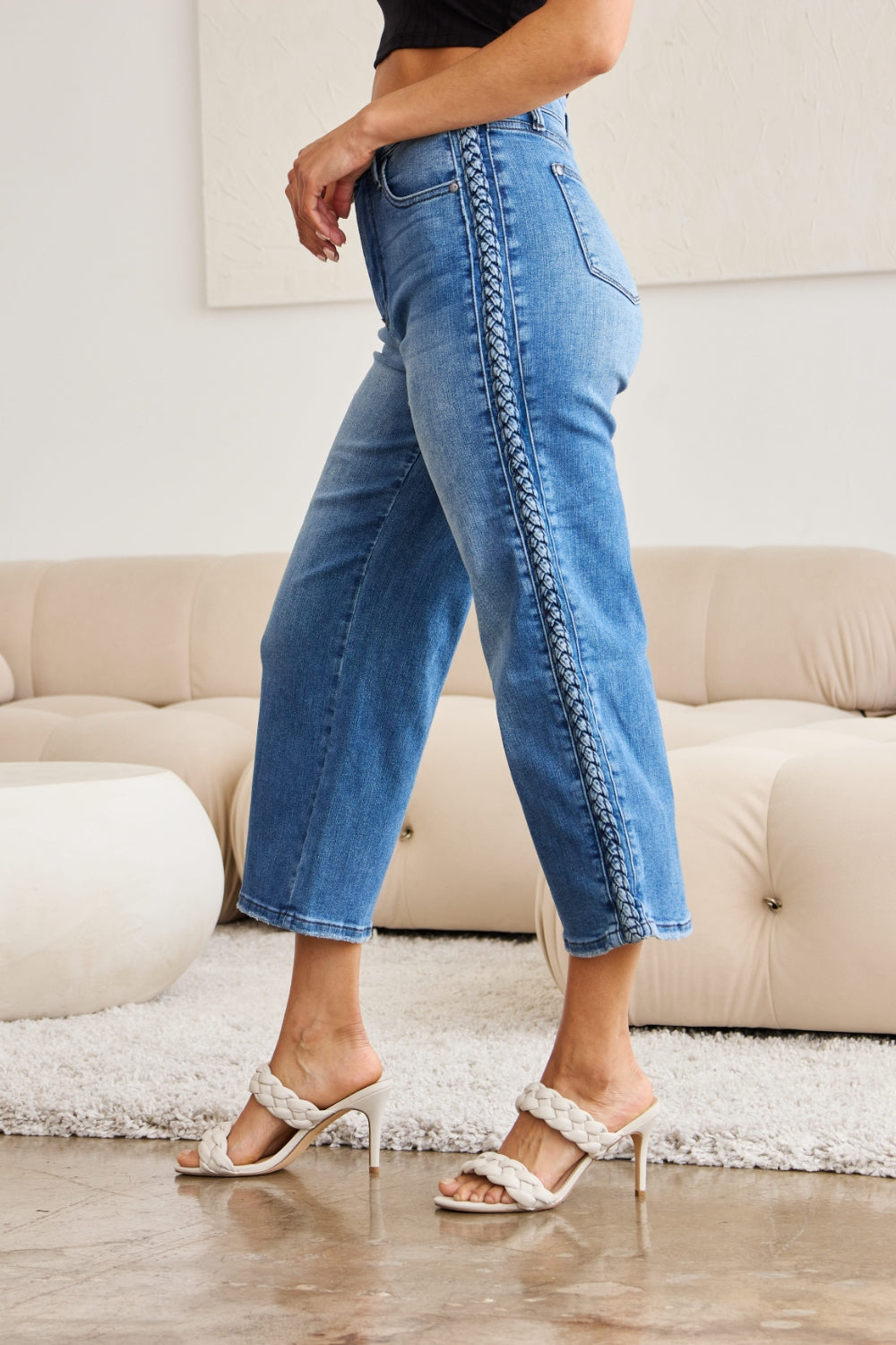 Judy Blue Full Size Braid Side Detail Wide Leg Jeans - Three Bears Boutique