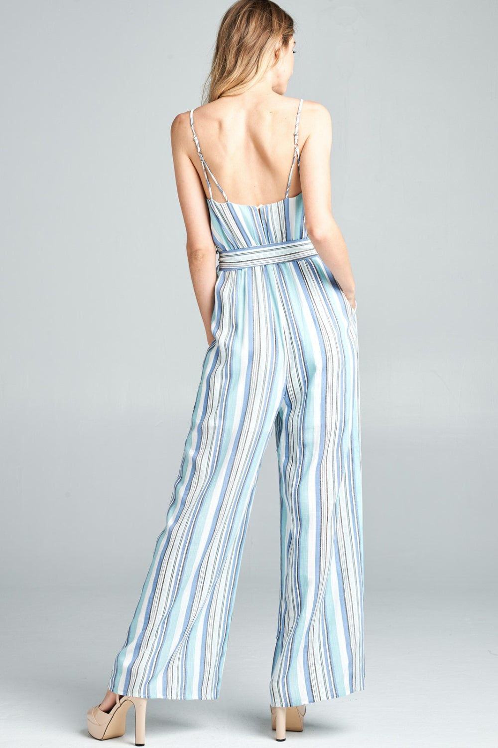 Cotton Bleu by Nu Label Tie Front Striped Sleeveless Jumpsuit - Three Bears Boutique