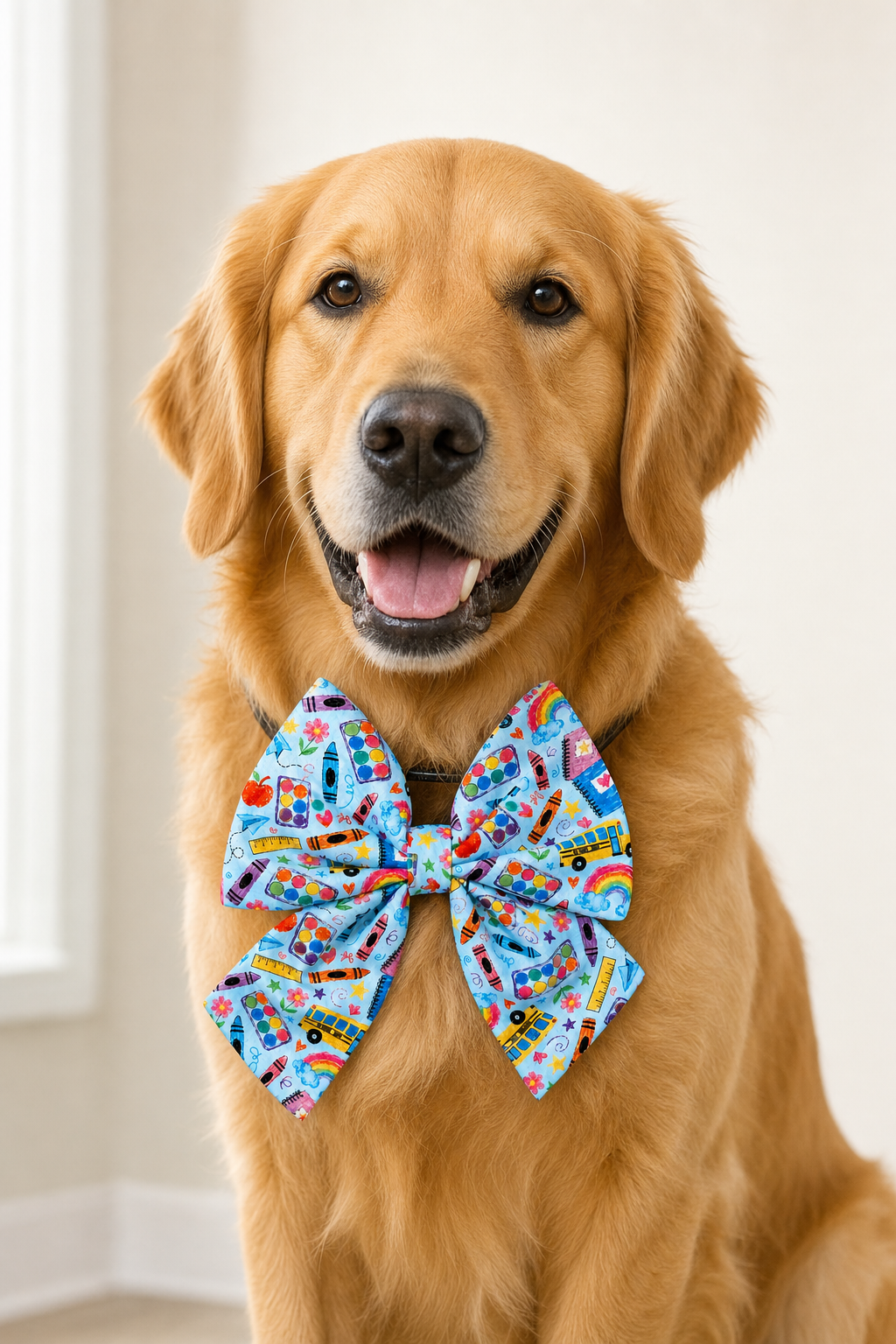 Golden Retriever wearing a blue back-to-school print sailor bow on a collar