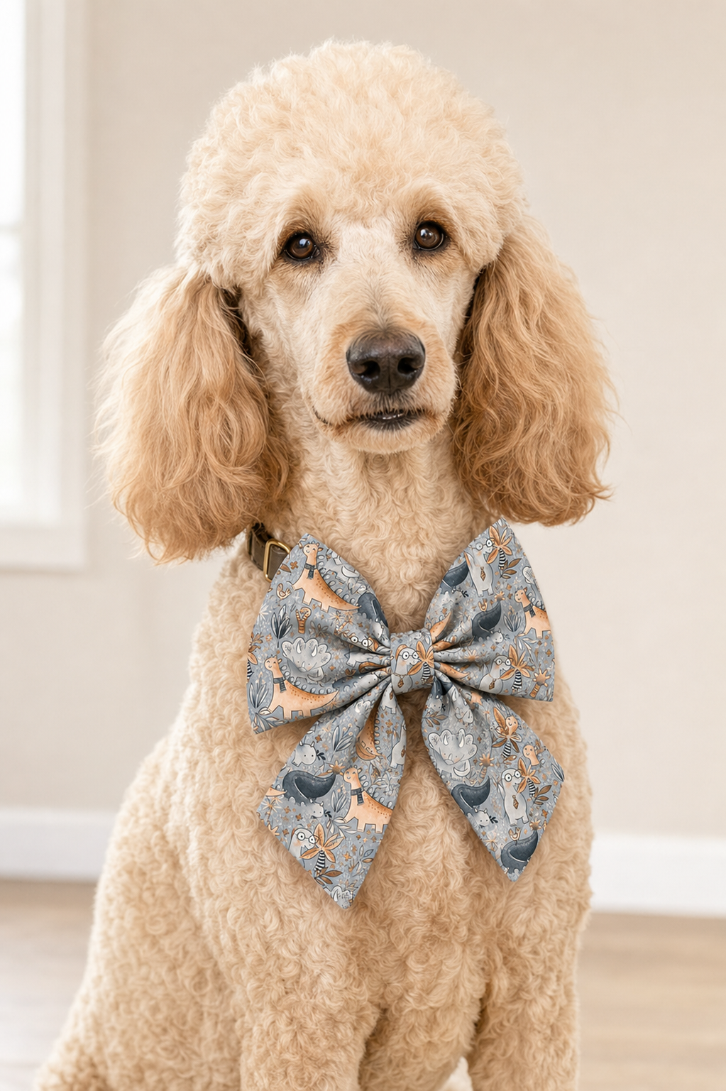Apricot Standard Poodle wearing a grey dinosaur print sailor bow on a collar