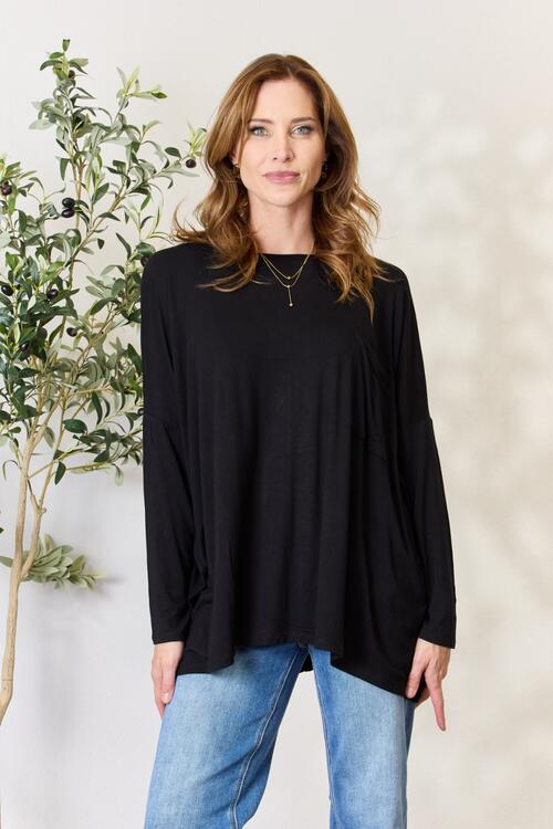 Zenana Full Size Round Neck Long Sleeve Top with Pocket - Three Bears Boutique