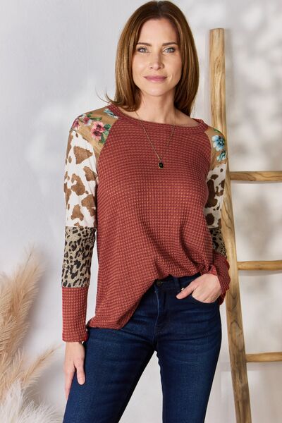 Hailey & Co Full Size Leopard Waffle-Knit Blouse - Three Bears Boutique