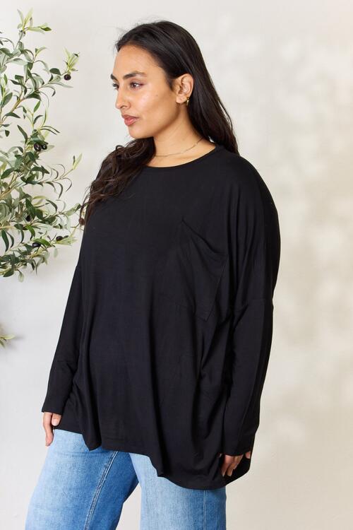 Zenana Full Size Round Neck Long Sleeve Top with Pocket - Three Bears Boutique