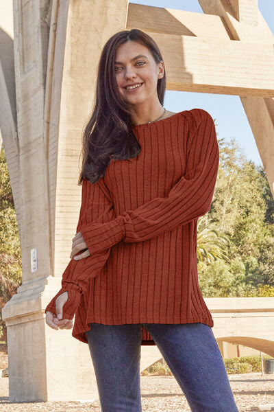 Basic Bae Full Size Ribbed Round Neck Long Sleeve Knit Top - Three Bears Boutique