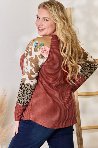Hailey & Co Full Size Leopard Waffle-Knit Blouse - Three Bears Boutique