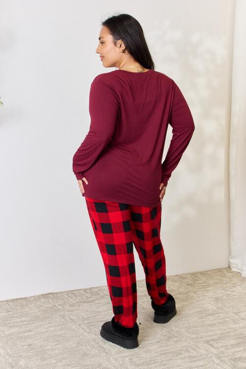 Zenana Full Size Plaid Round Neck Top and Pants Pajama Set - Three Bears Boutique