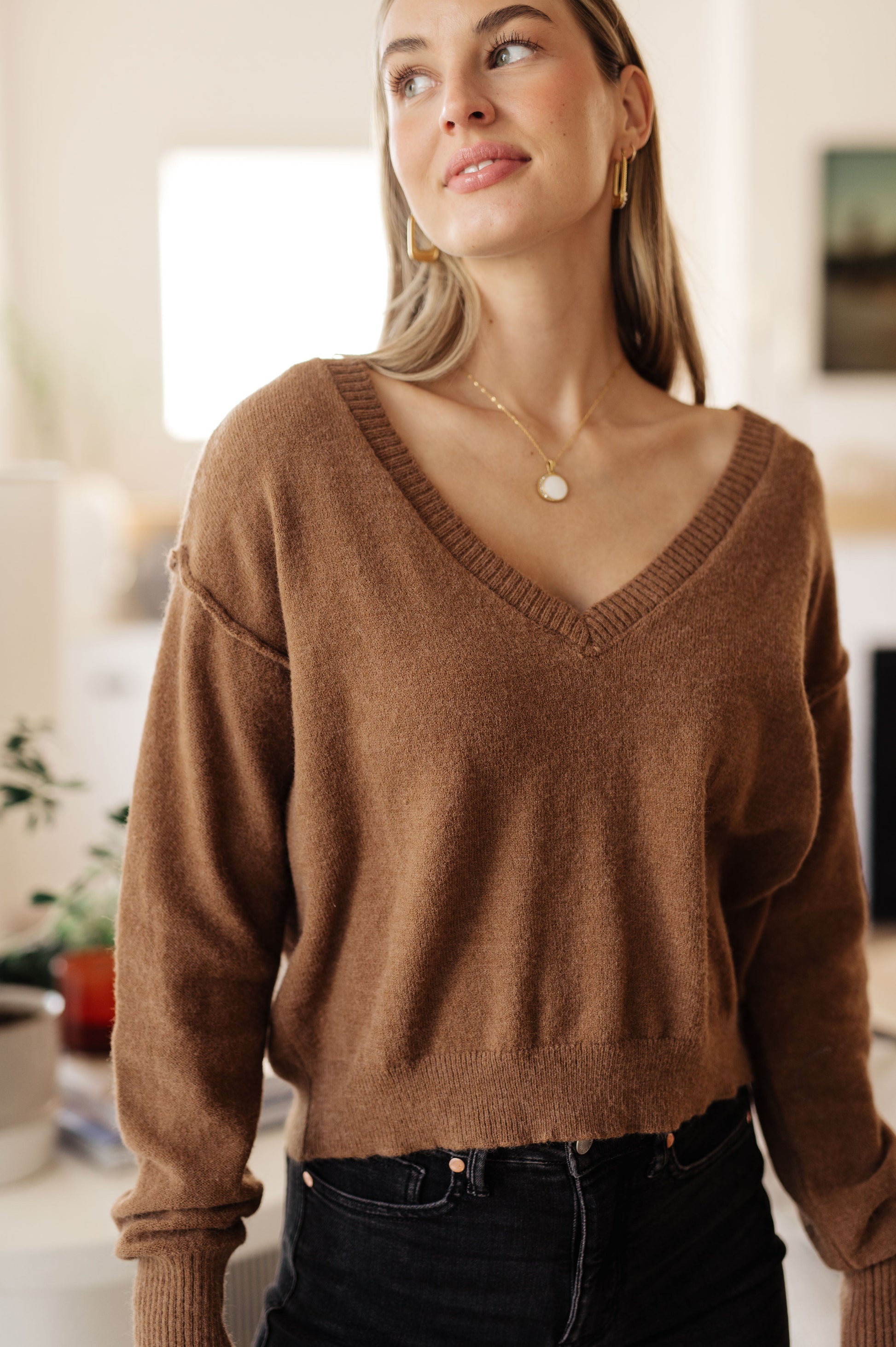 Back to Life V-Neck Sweater in Mocha - Three Bears Boutique