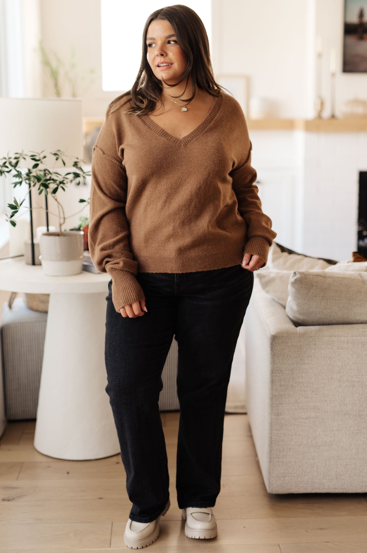 Back to Life V-Neck Sweater in Mocha - Three Bears Boutique