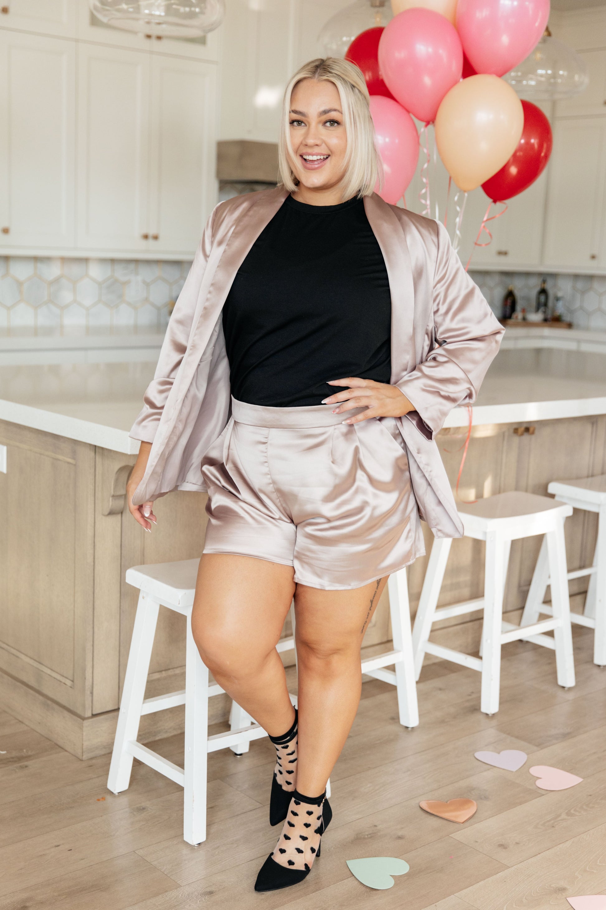 Champagne and Roses Satin Blazer - Three Bears Boutique