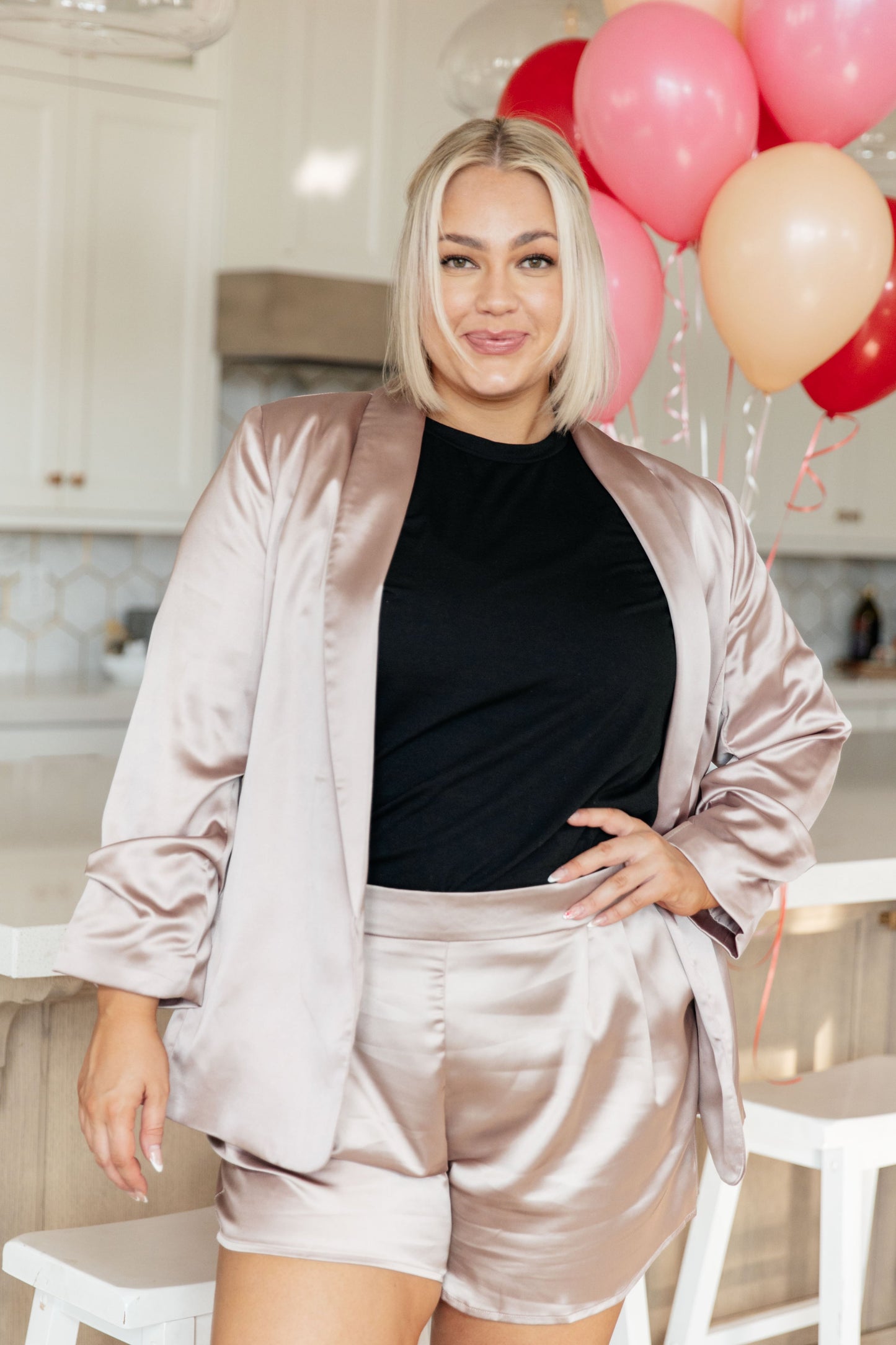 Champagne and Roses Satin Blazer - Three Bears Boutique